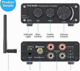 Fosi Audio BT10A Bluetooth 5.0 Stereo Audio Amplifier Receiver 2 Channel Class D Mini Hi-Fi Integrated Amp for Home Passive Speakers 50W x 2 TPA3116