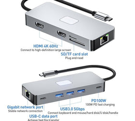 NÖRDIC 1 to 10 USB-C Docking station 2xHDMI4K60Hz 3xUSB3.0 5G 1xUSB-C 5G 1xRJ45 GigaLan 1xPD100W 1xSD 1xMicroSD