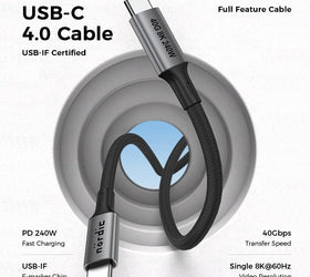 NÖRDIC 25cm USB4 USB-C till C nylonflätad kabel PD3.1 240W 40G 8K60Hz 4K240Hz grå