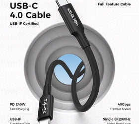 NÖRDIC 25cm USB4 USB-C till C nylonflätad kabel PD3.1 240W 40G 8K60Hz 4K240Hz svart