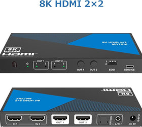 NÖRDIC 8K HDMI 2.1 Matrix switch 2x2 med audio extraktor Toslink & Stereo EDID CEC, Dolby Atmos, Digital Plus, DTS-EX