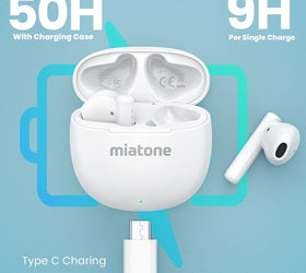 True Wireless Earbuds, Bluetooth 5.3 50H Playtime with Charging Case, Built-in Microphone for Phone Calls, Semi-in-Ear Earphones - White