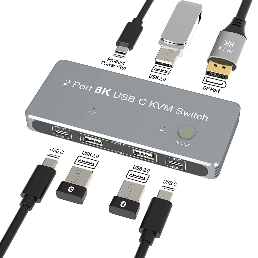 NÖRDIC 2 till 1 KVM Switch USB-C och Displayport 1xDP 8K 60Hz 3xUSB-A